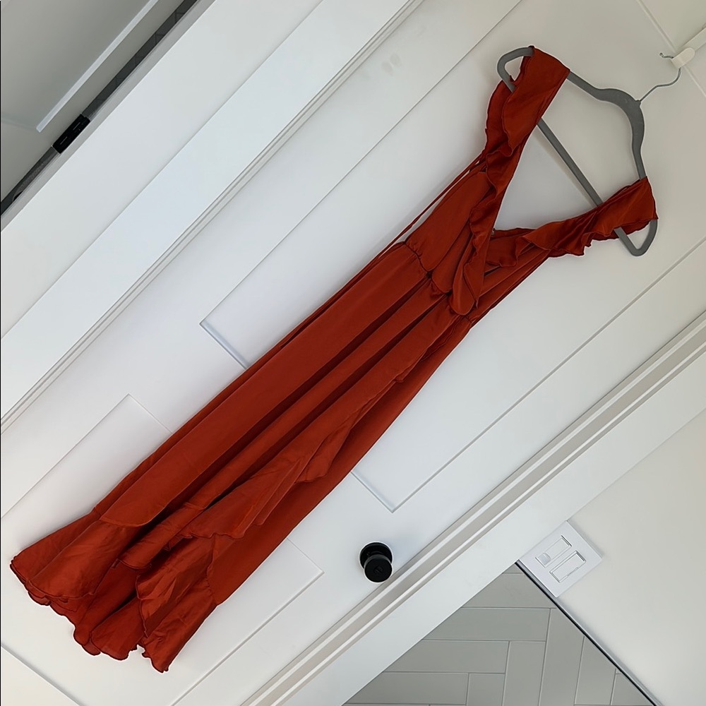 Show Me Your MuMu Red Orange Sleeveless V-Neck Ruffle Dress
